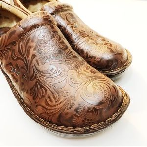 Bolo Brown Tooled Leather Clogs